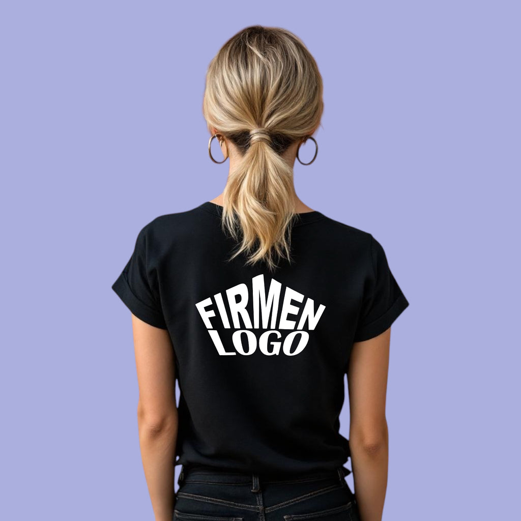 Schwarzes Damen T‑Shirt personalisiert mit Firmenlogo