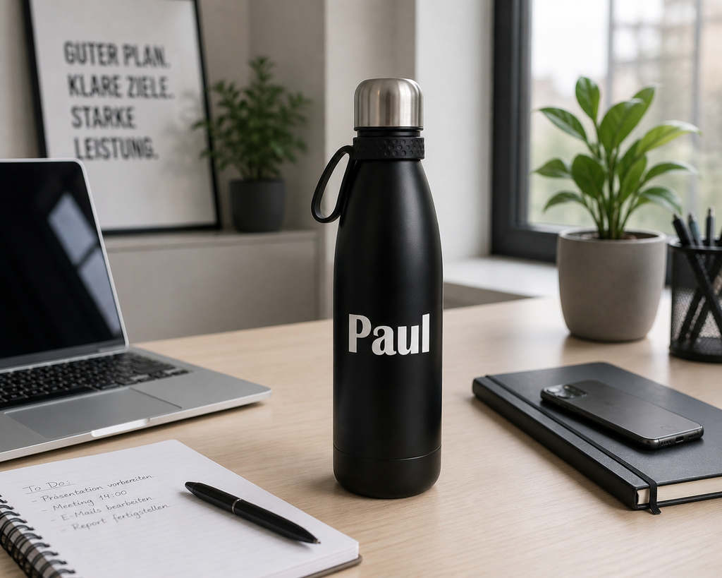 Schwarze Personalisierte Trinkflasche 700ml  mit Namen aus Edelstahl