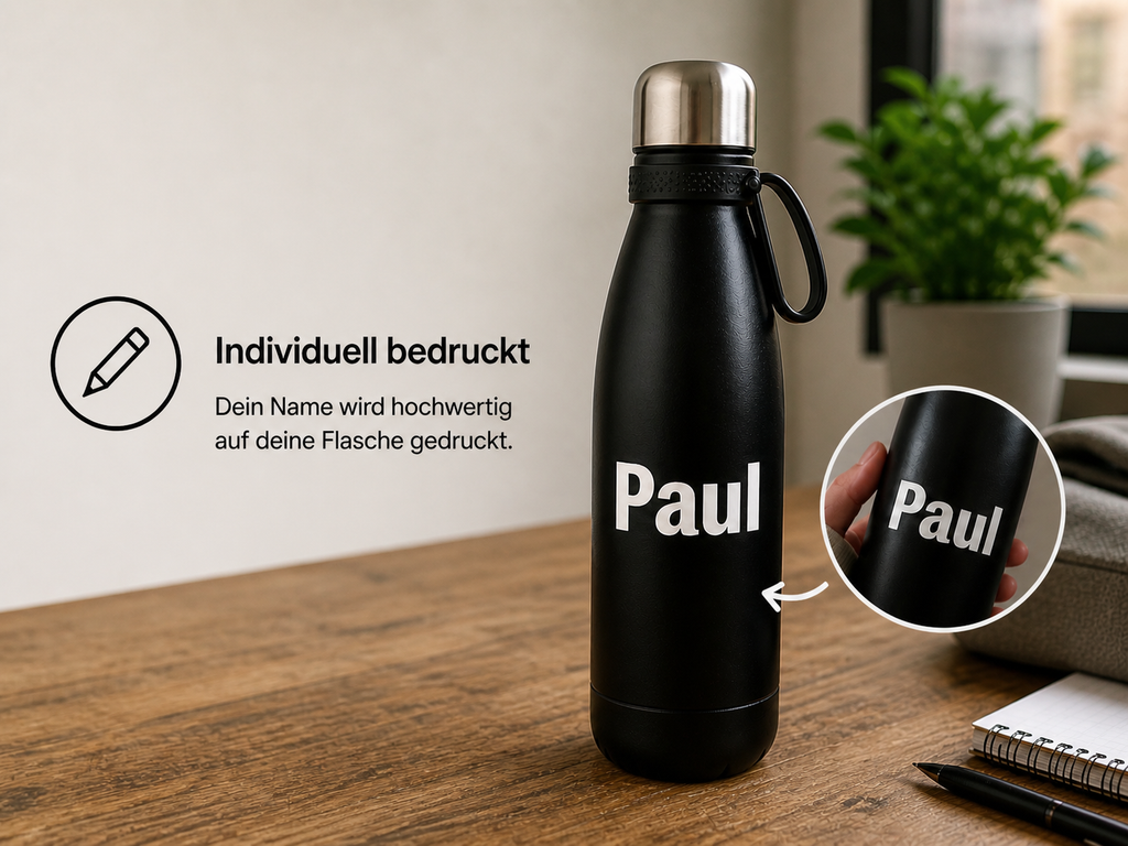 Schwarze Personalisierte Trinkflasche 700ml  mit Namen aus Edelstahl