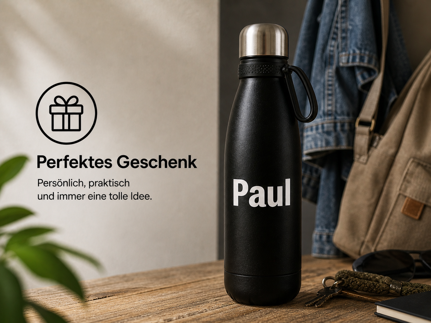 Schwarze Personalisierte Trinkflasche 700ml  mit Namen aus Edelstahl