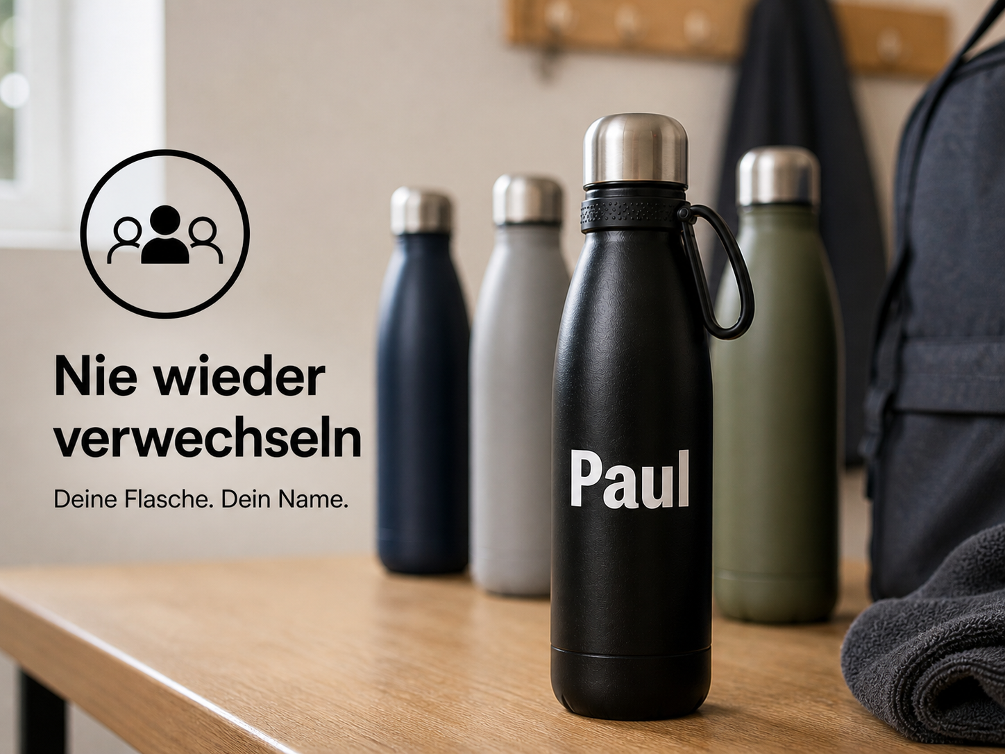 Schwarze Personalisierte Trinkflasche 700ml  mit Namen aus Edelstahl