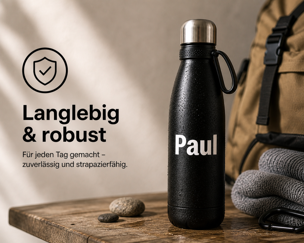 Schwarze Personalisierte Trinkflasche 700ml  mit Namen aus Edelstahl