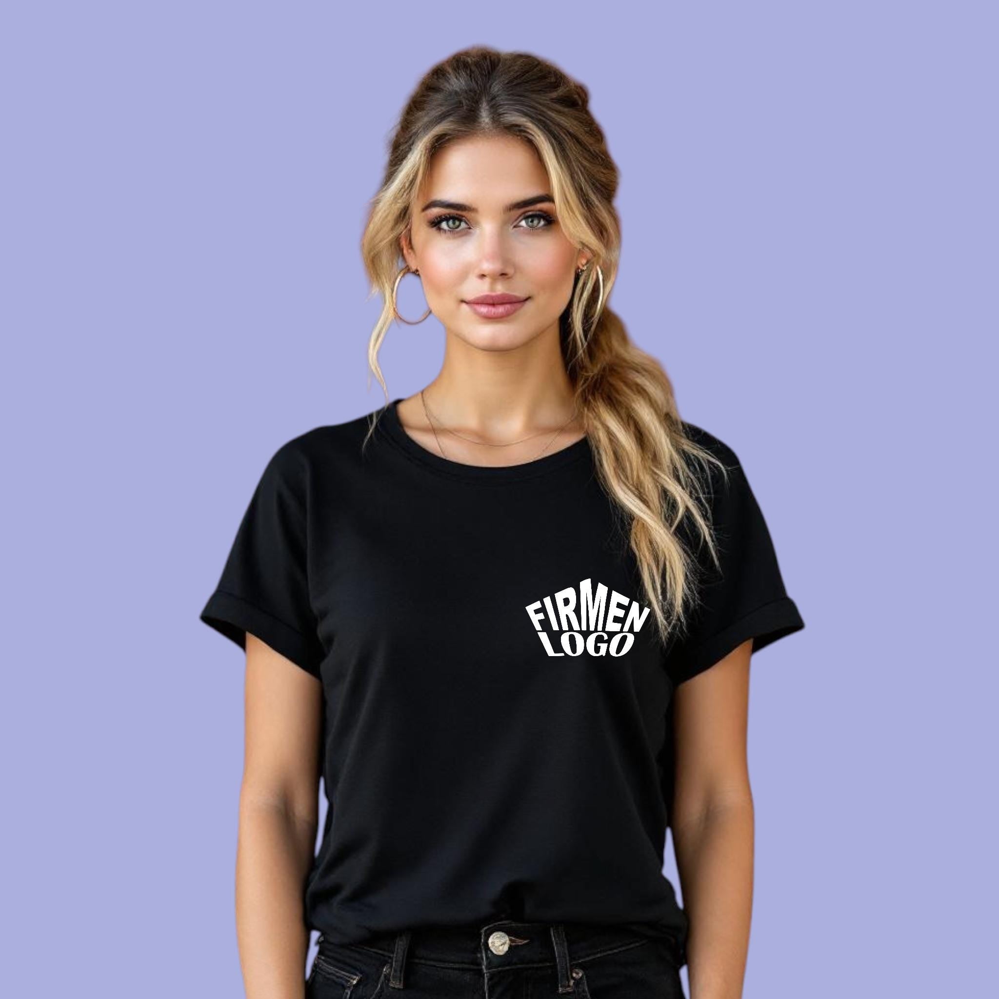 Schwarzes Damen T‑Shirt personalisiert mit Firmenlogo