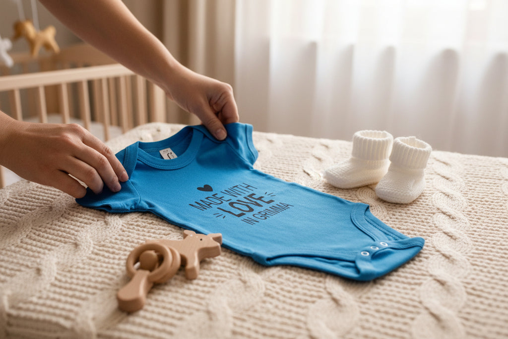Baby Body „Made with love in Grimma“  mit personalisierbarem Stadtname