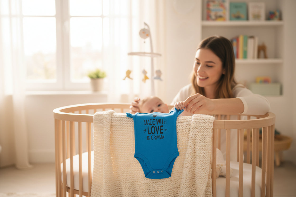 Baby Body „Made with love in Grimma“  mit personalisierbarem Stadtname