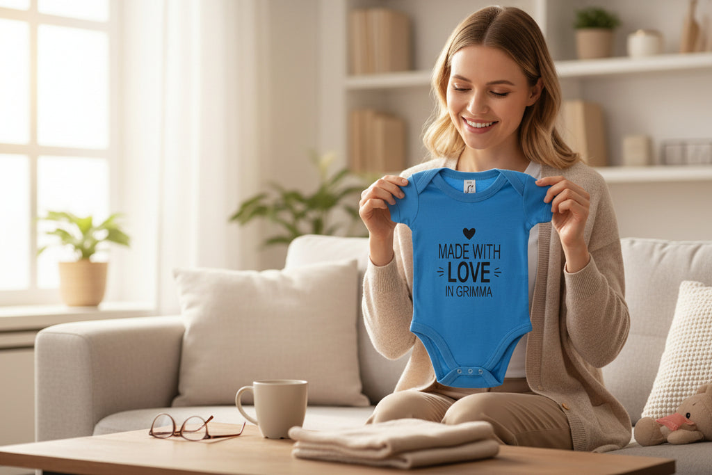 Baby Body „Made with love in Grimma“  mit personalisierbarem Stadtname