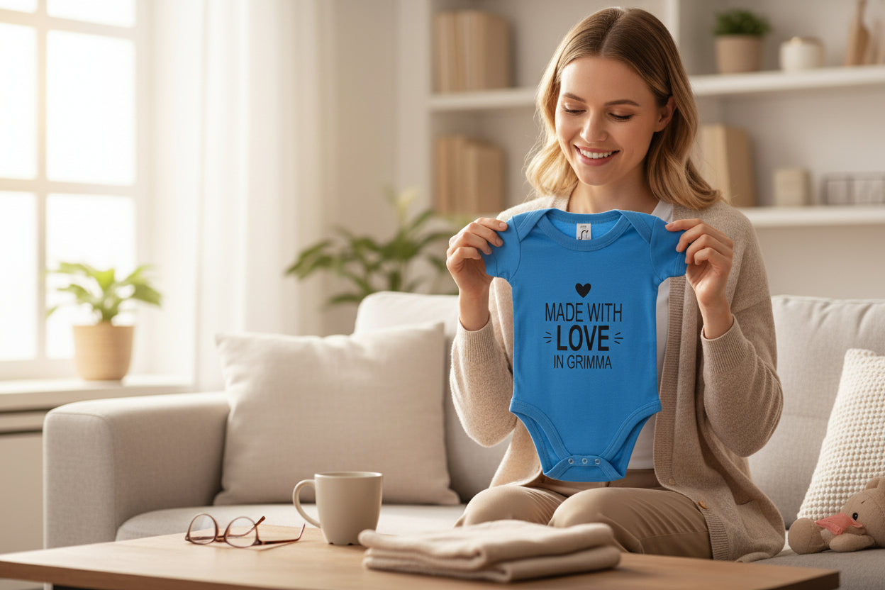 Baby Body „Made with love in Grimma“  mit personalisierbarem Stadtname