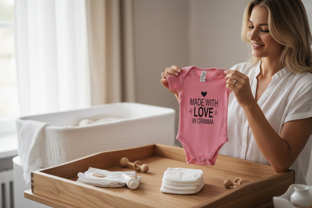 Baby Body „Made with love in Grimma“  mit personalisierbarem Stadtname