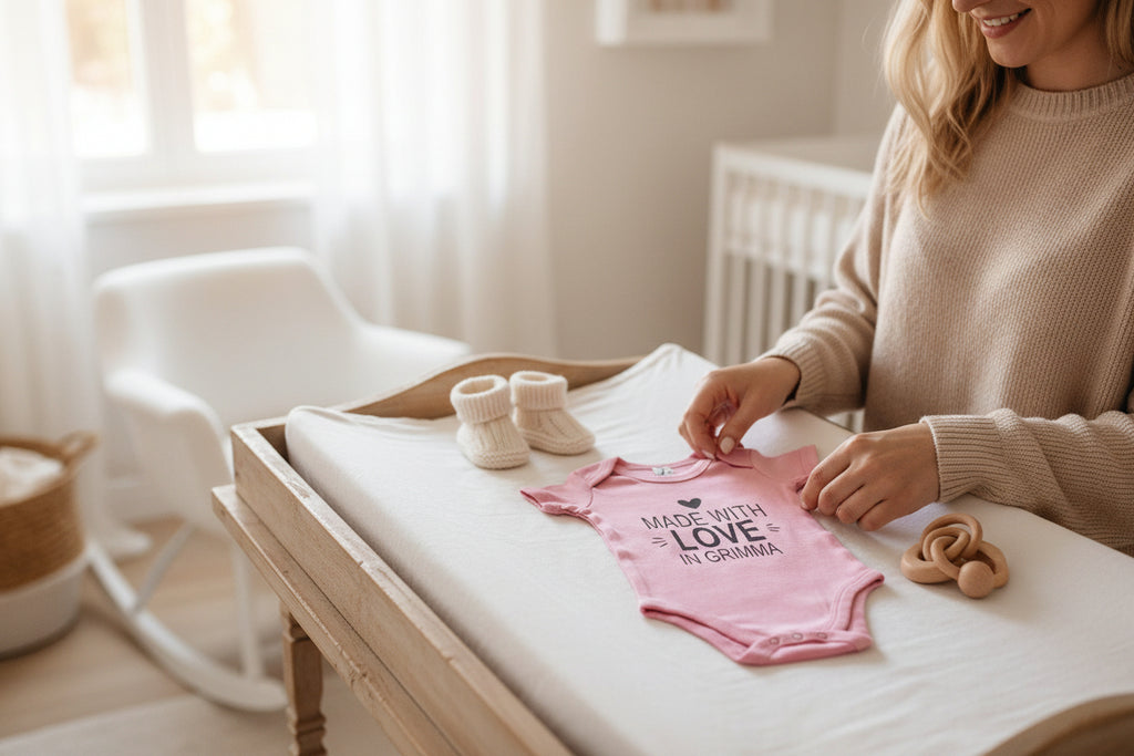 Baby Body „Made with love in Grimma“  mit personalisierbarem Stadtname