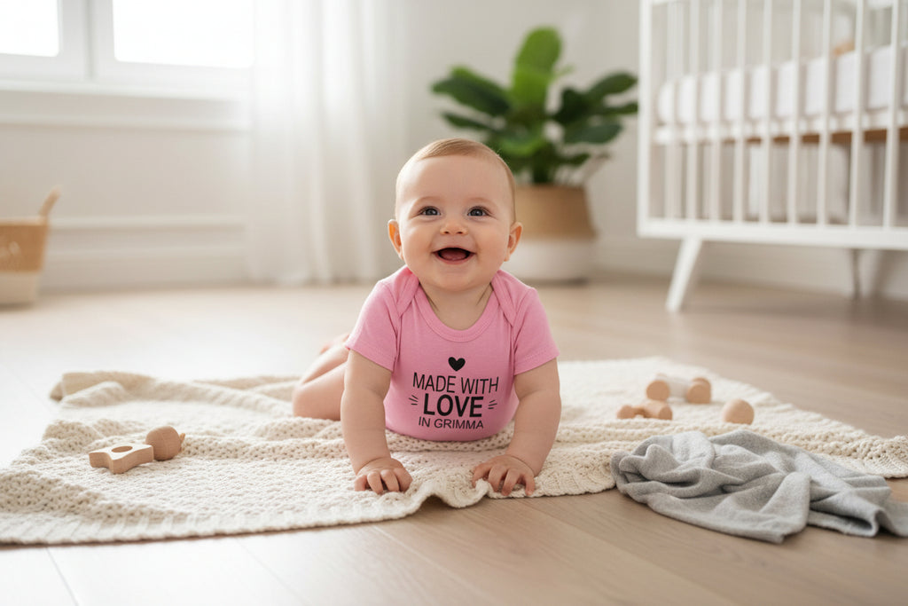 Baby Body „Made with love in Grimma“  mit personalisierbarem Stadtname