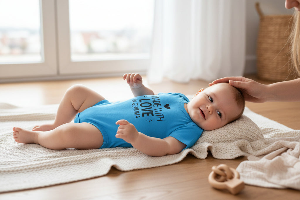 Baby Body „Made with love in Grimma“  mit personalisierbarem Stadtname