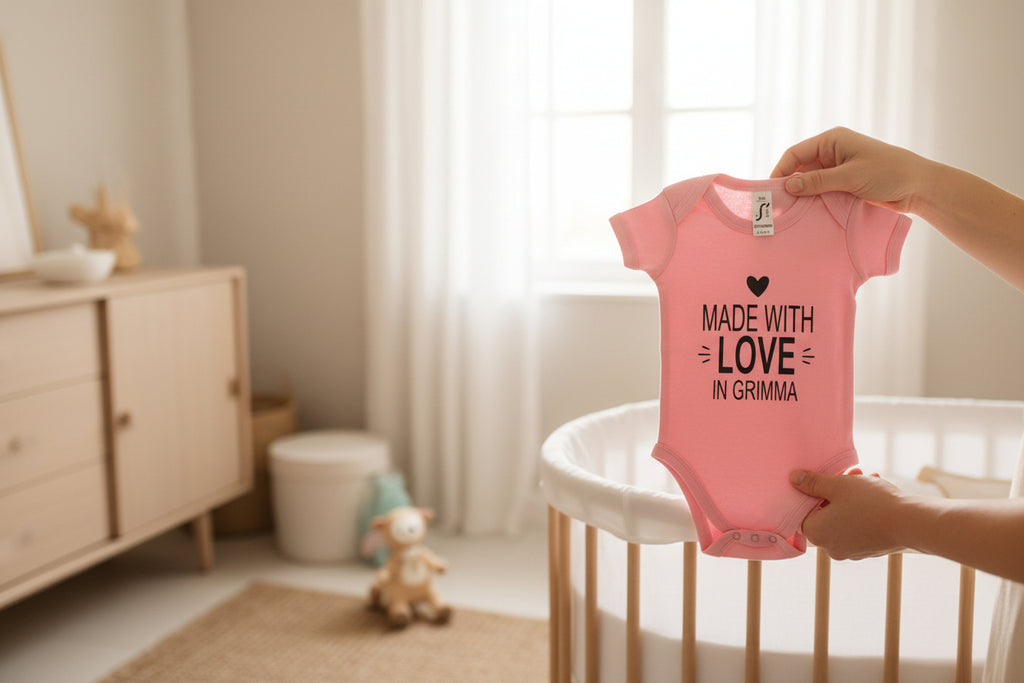 Baby Body „Made with love in Grimma“  mit personalisierbarem Stadtname