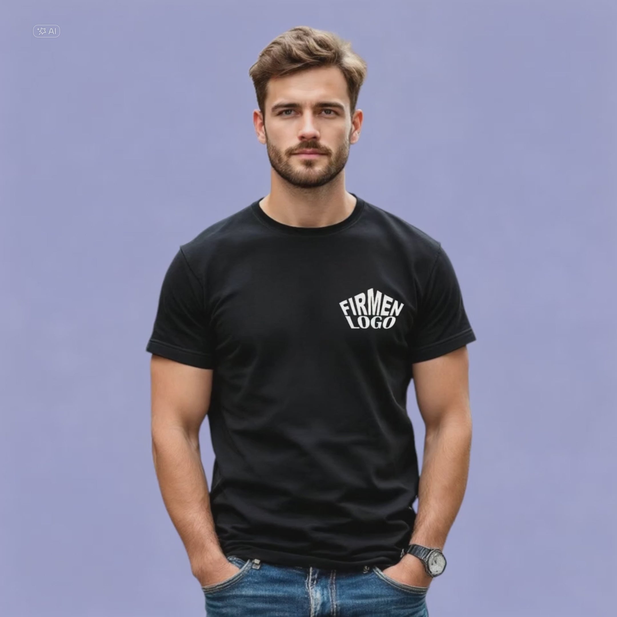 Schwarzes Herren T‑Shirt personalisiert mit Firmenlogo